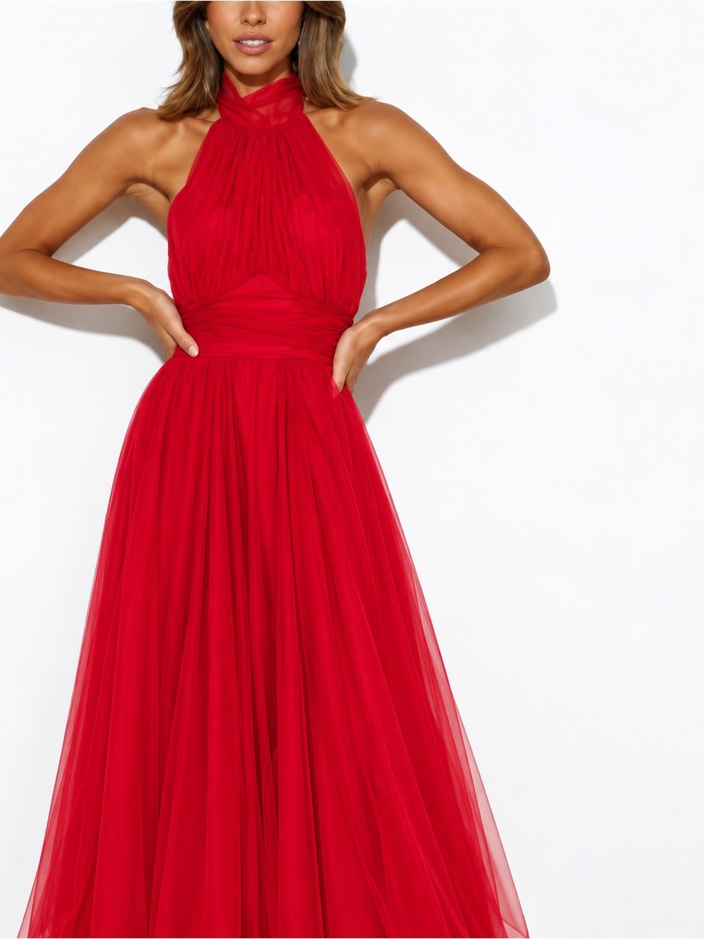 Hello Molly Red Backless Halter Tulle Gown - Picture 2 of 2
